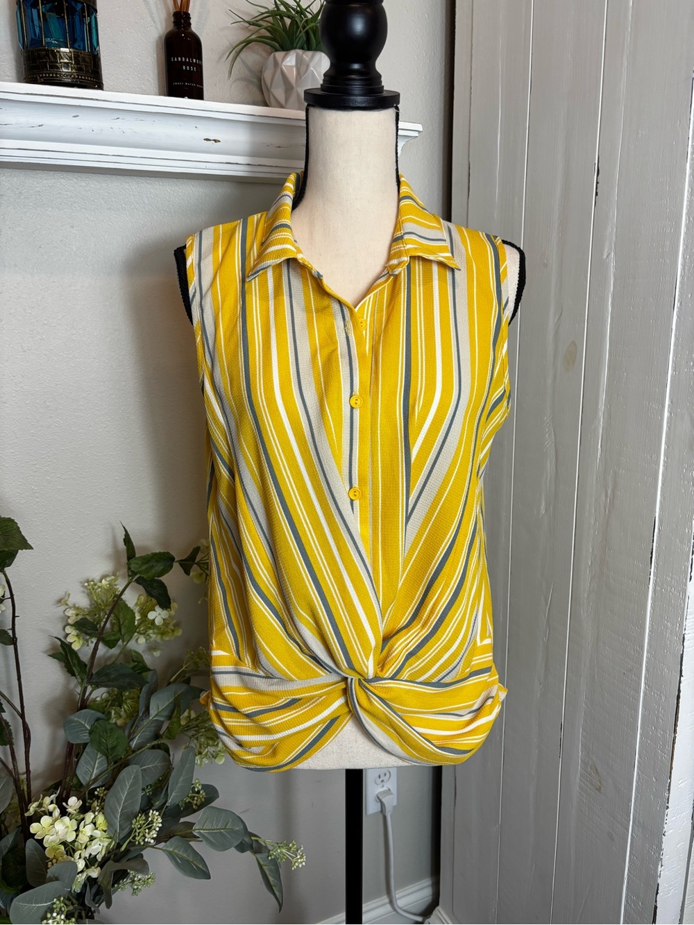 Charming Charlie Yellow and White Striped Twist-Front Sleeveless Blouse